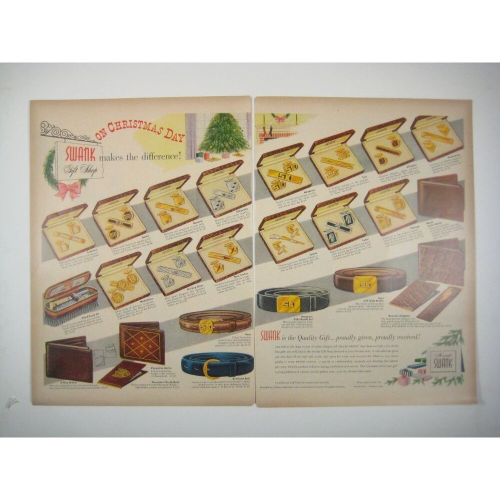 Vintage 1953 Swank Mens Accessories Print Ad 2 Pages Christmas Gift Shop